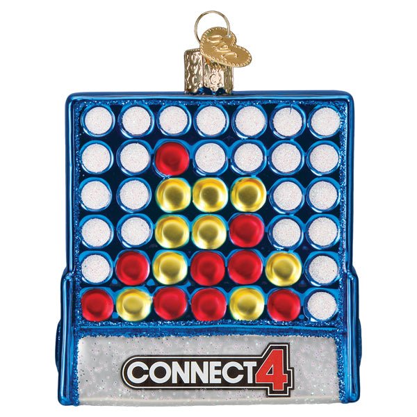 Connect 4 ornament, front view of a blue grid with red and yellow checkers and the Connect 4 logo, on white