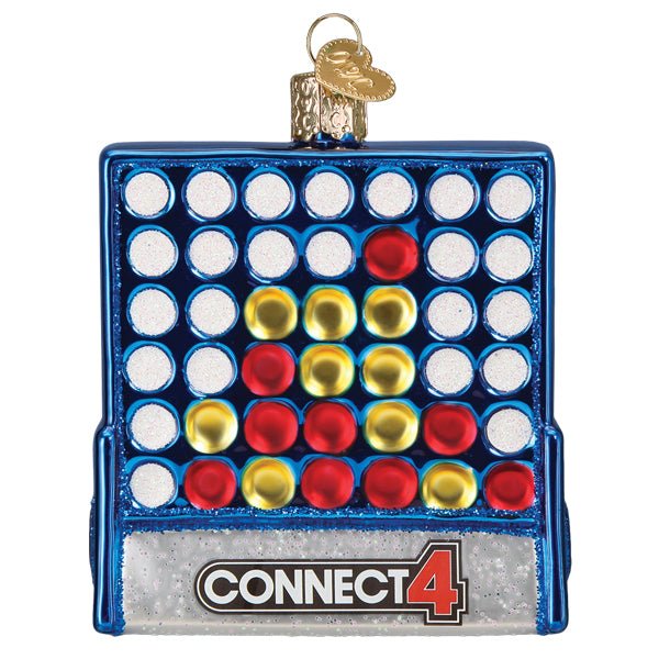 Back of the Connect 4 ornament showing the mirrored red and yellow checker pattern, on white