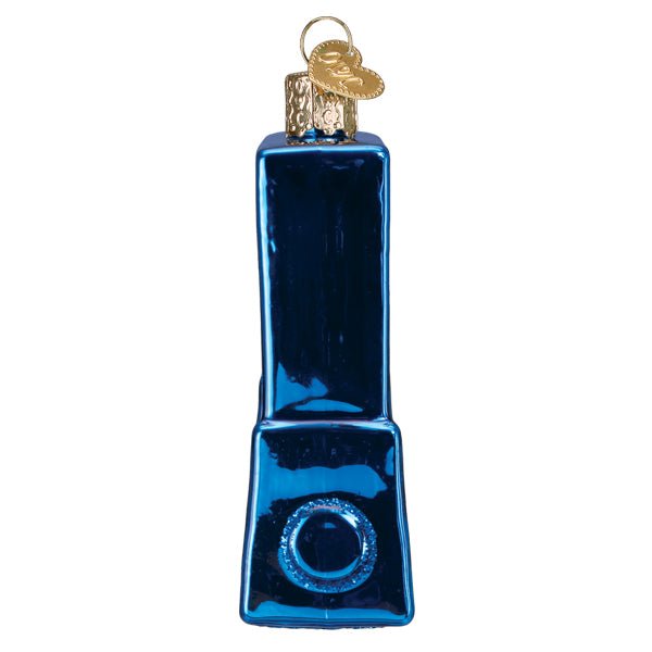 Side view of the blue Connect 4 ornament showing its slim upright grid and base, on white