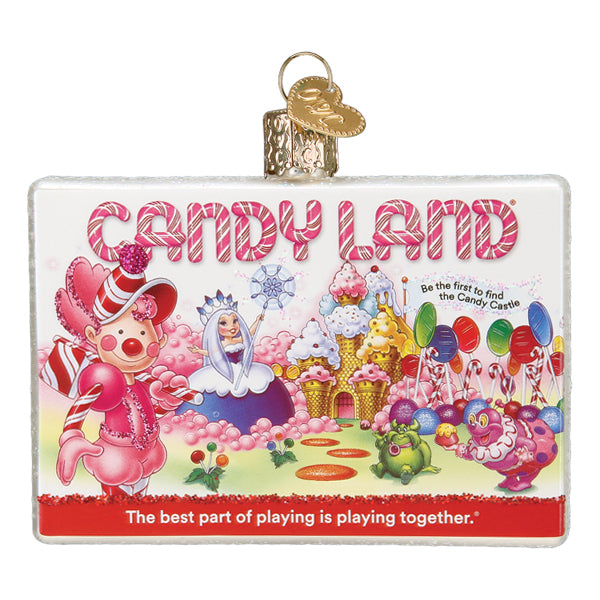 Candy Land board game box glass ornament with pink lettering and Candy Castle art, front on white