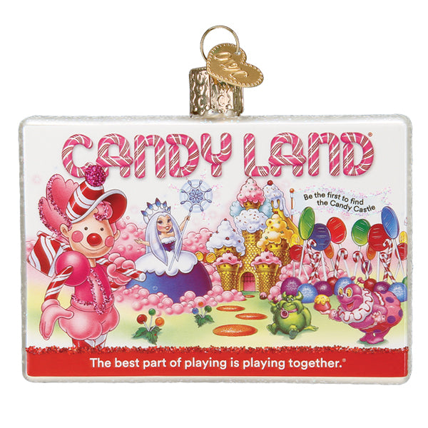 Candy Land box ornament at a slight angle, showing the glittered edge and gold cap