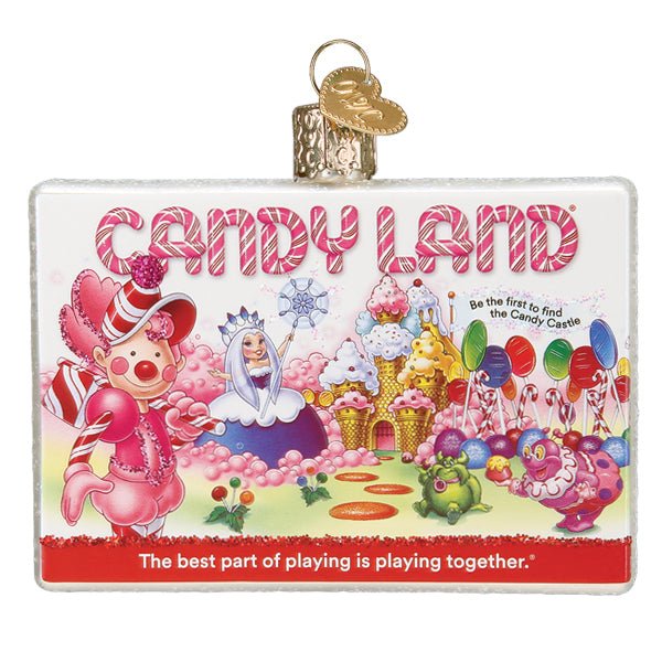 Candy Land box ornament at a slight angle, showing the glittered edge and gold cap