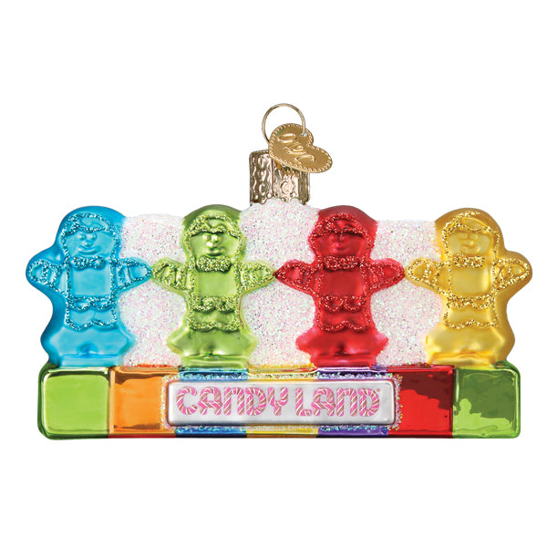 Candy Land Kids ornament with blue, green, red, and yellow player pieces above CANDY LAND blocks, on white