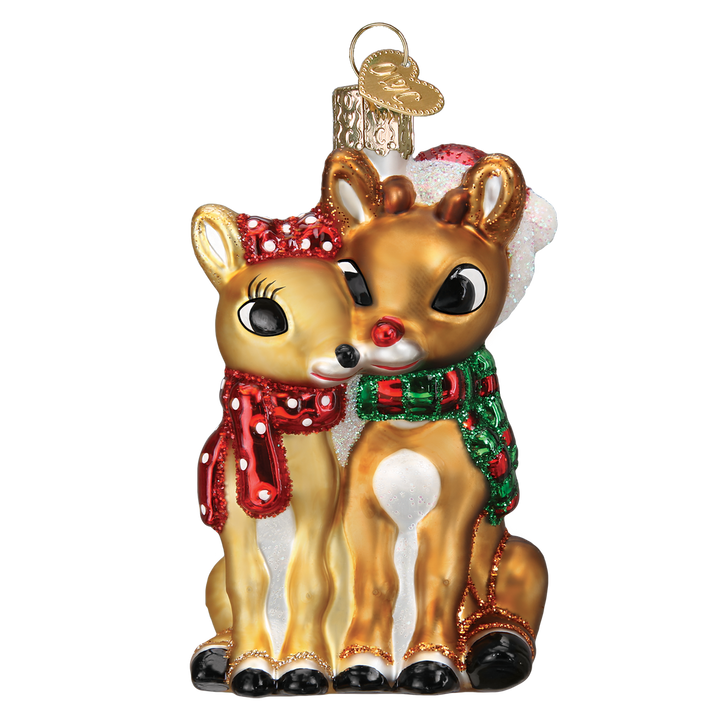Rudolph and Clarice glass ornament, front view, reindeer couple in red and green scarves with Santa hat, on white