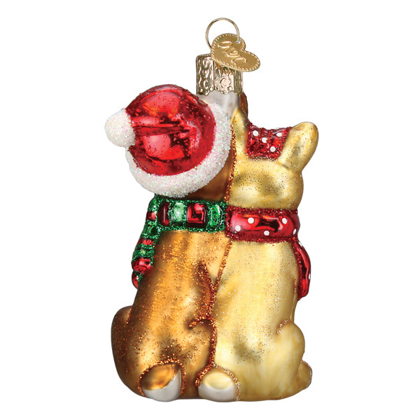 Back view of the reindeer couple ornament with the Santa hat, polka dot scarf, and glittered fur