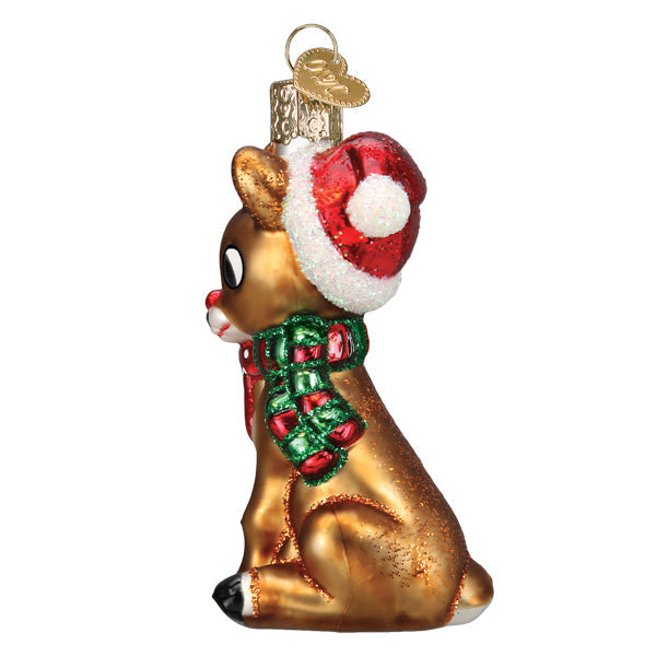 Side view of the Rudolph and Clarice ornament showing Rudolph's red Santa hat and green scarf