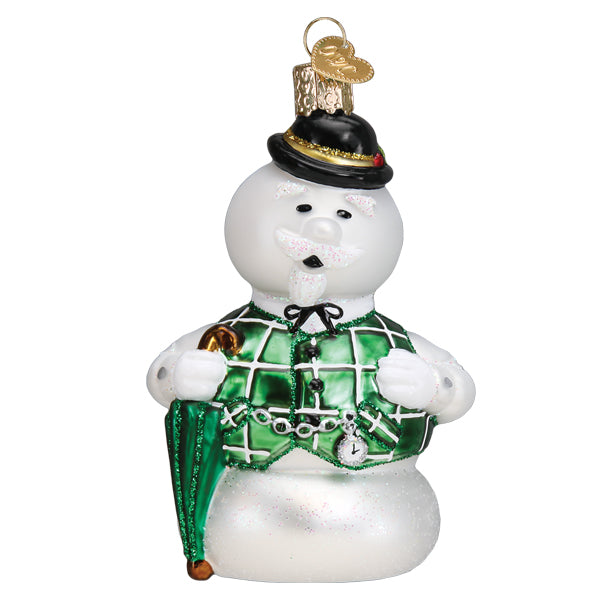 Front of the Sam the Snowman ornament in a derby hat, green plaid vest, and bow tie with his umbrella, on white