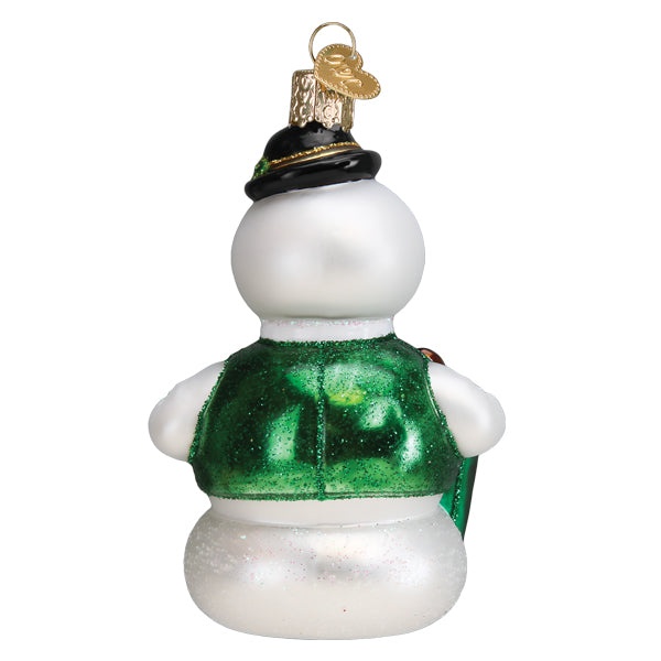 Back of the Sam the Snowman ornament showing his green vest and black hat