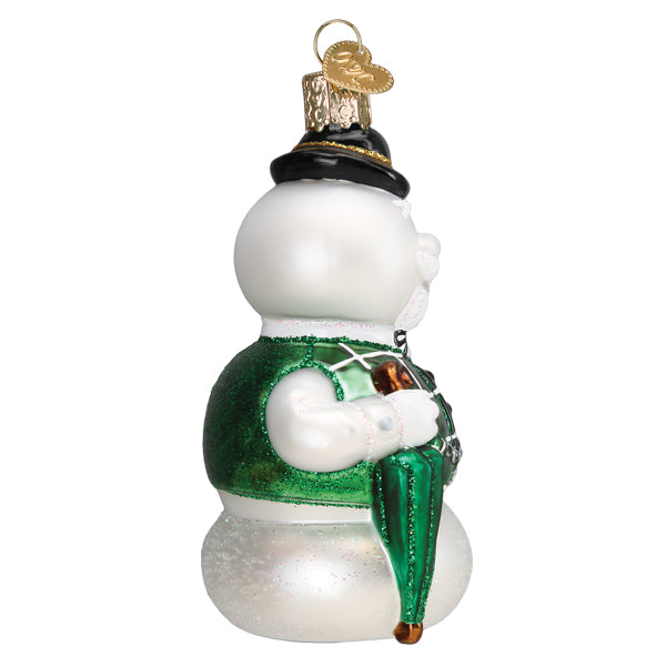 Side of the Sam the Snowman ornament with his green umbrella