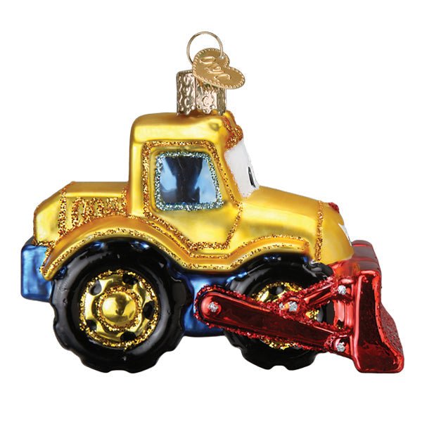 Rear three-quarter view of the bulldozer ornament with black tires, gold hubs, and a blue base, on white