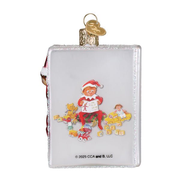 Back of the Elf on the Shelf book ornament showing the elf with gingerbread friends