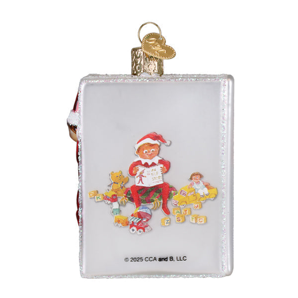 Back of the Elf on the Shelf book ornament showing the elf with gingerbread friends