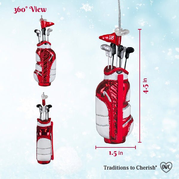 Golf bag ornament sizing graphic with 360 degree views, 4.5 inches tall and 1.5 inches wide