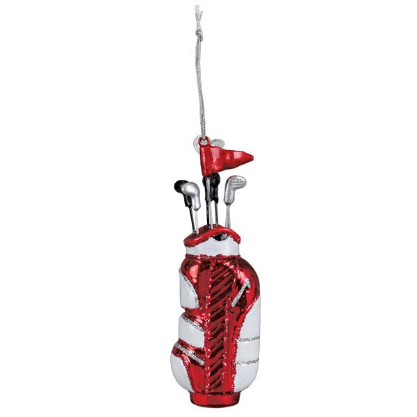 Side view of the red golf bag ornament showing the strap and club heads