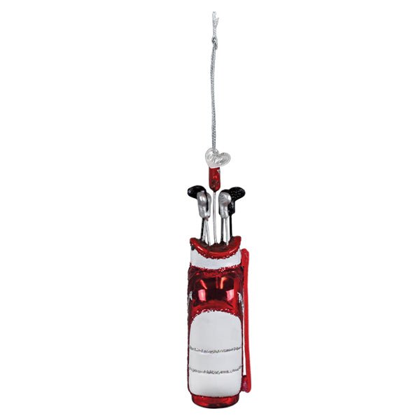 Back of the golf bag ornament with its red strap and white pocket panel