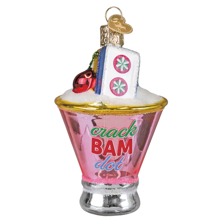 Angled view of the pink mahjong martini ornament showing a flower tile, cherry, and sugared rim