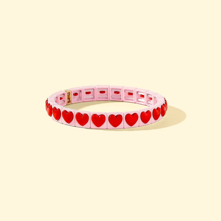 Valentine's Bracelets - Min. 2: Red Enamel w/Pink Bead Hearts - Hartley Taylor Elliott Designs Valentine's Bracelets - Min. 2: Red Enamel w/Pink Bead Hearts - Hartley Bonjour Fete - Party Supplies