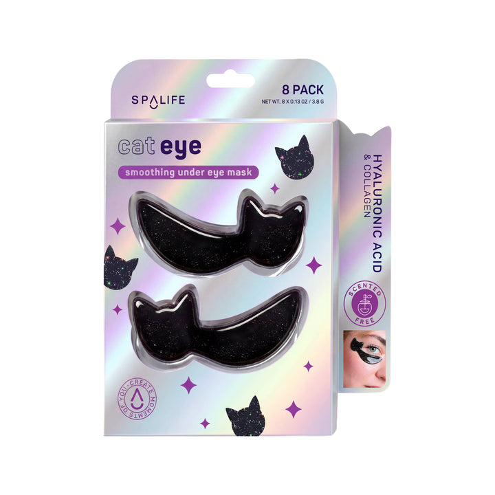Cat Eye smoothing under eye mask box in holographic silver with glittery black cat patches, spooky chic skincare