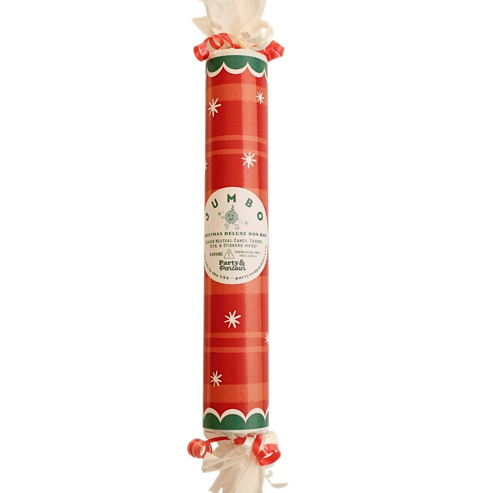 Tall red plaid jumbo bon bon with green scalloped trim, a round label, and white tissue ends, for a Christmas party
