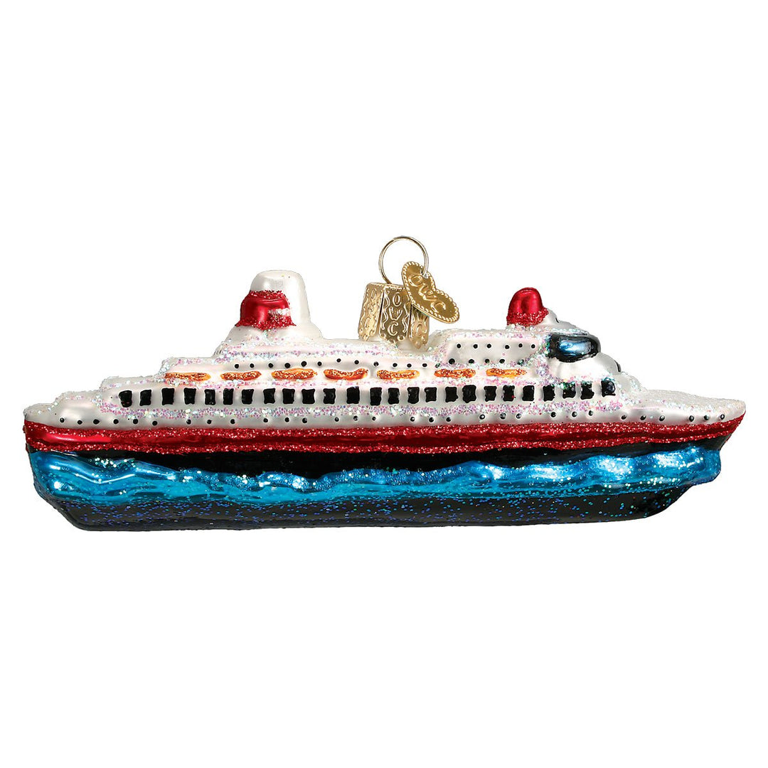 Cruise ship ornament side view with white hull, rows of windows, red stripe, and blue waves, on white