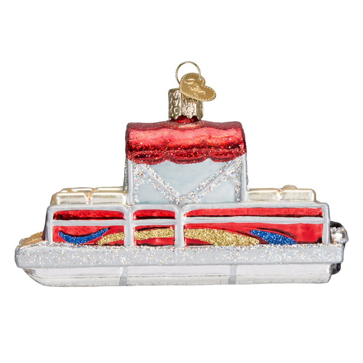 Pontoon boat ornament side view with red canopy, white rails, colorful seats, and silver pontoons, on white