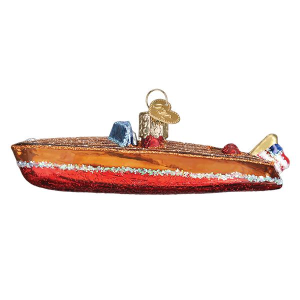 Classic wooden boat ornament side view with mahogany brown deck, red hull, and blue seats, on white