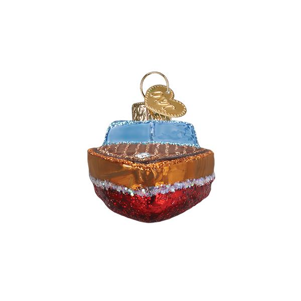 Bow view of the wooden boat ornament showing the rounded red hull and blue seat back, on white