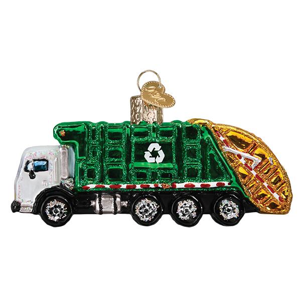 Green garbage truck glass ornament with white cab and recycling symbol, side view with cab on the left on white