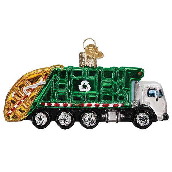 Garbage truck ornament from the opposite side, cab on the right and gold rear loader on the left, on white