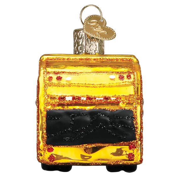 Rear view of the garbage truck ornament showing the gold glittered loader and black hopper, on white