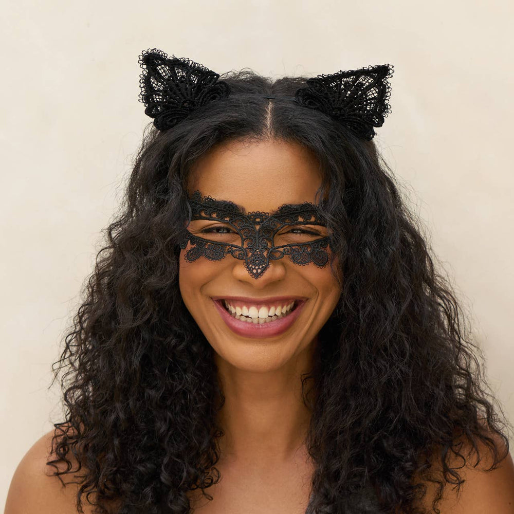 Lace Headband & Mask 2pc Set - Black Cat KITSCH Lace Headband & Mask 2pc Set - Black Cat Bonjour Fete - Party Supplies