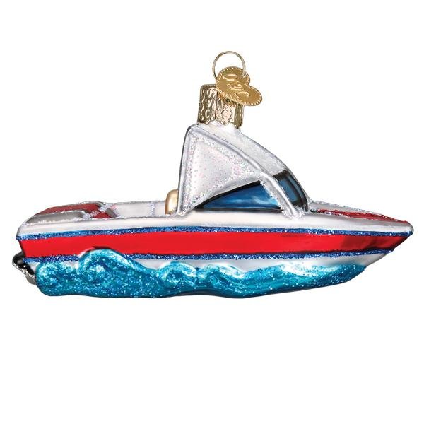 Opposite side of the ski boat ornament showing the white bimini top and blue glitter wake, on white