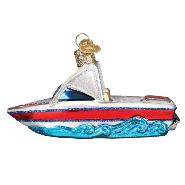 Ski boat ornament side view with red and white hull, blue windshield, white top, and glittered waves, on white