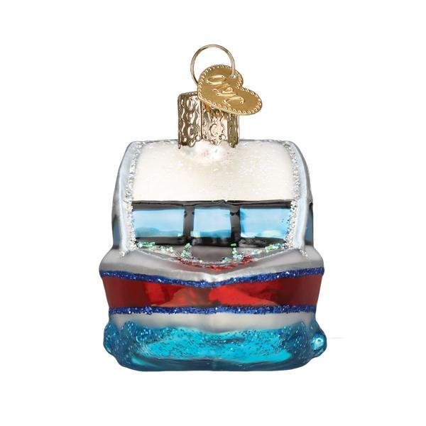 Bow view of the ski boat ornament with blue windshield above a red stripe and blue waves, on white