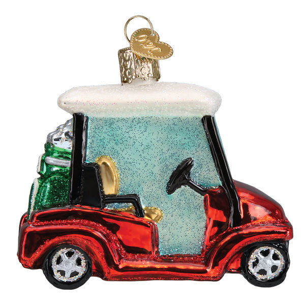 Golf cart ornament from the other side, showing gold seats and the green golf bag, on white