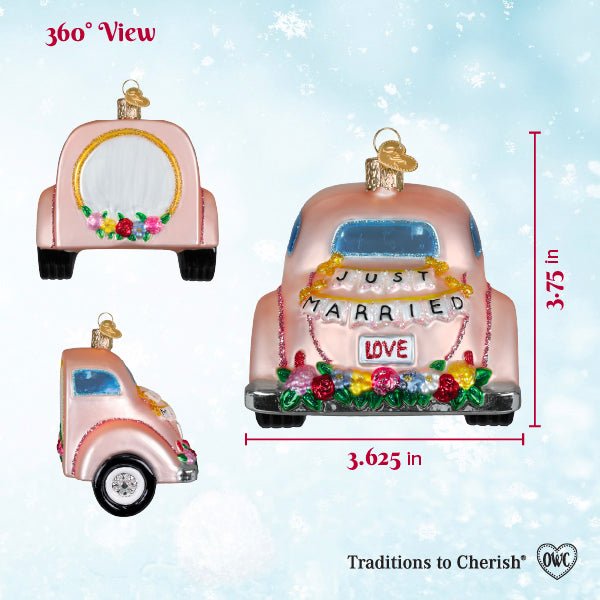 Just Married car ornament sizing graphic with 360 degree views, 3.75 inches tall