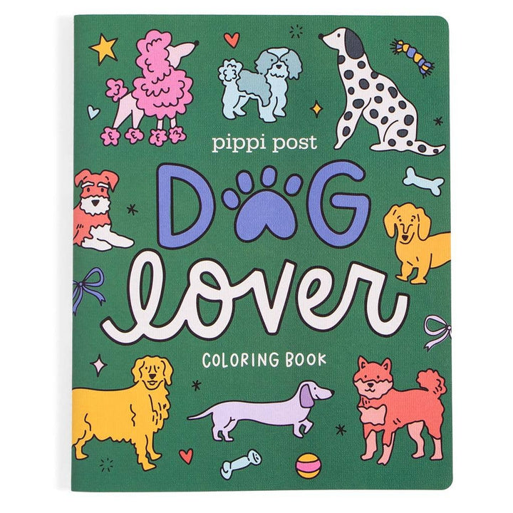 Dog Lover coloring book with green cover of poodle, dalmatian, and dachshund art for dog lover gifts