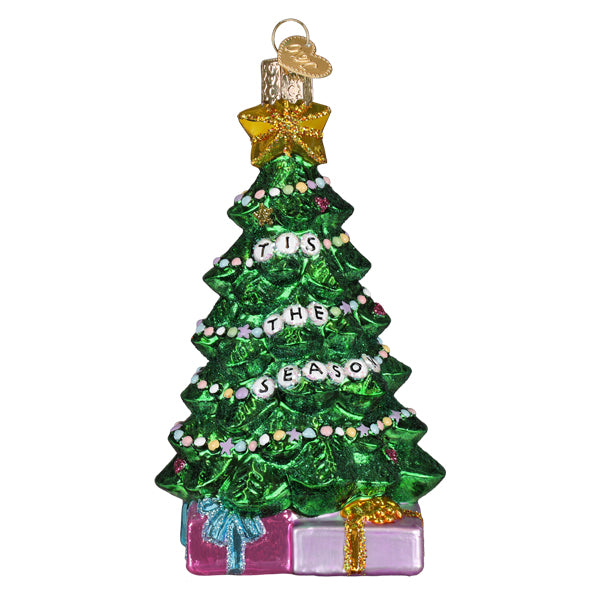 Front of the friendship tree ornament, a green tree wrapped in letter-bead bracelets, on white
