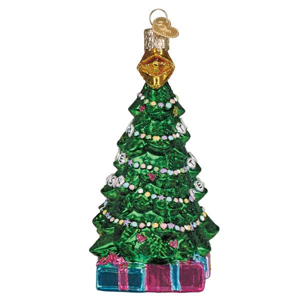 Side of the friendship tree ornament with silver bead strands and wrapped gifts at the base