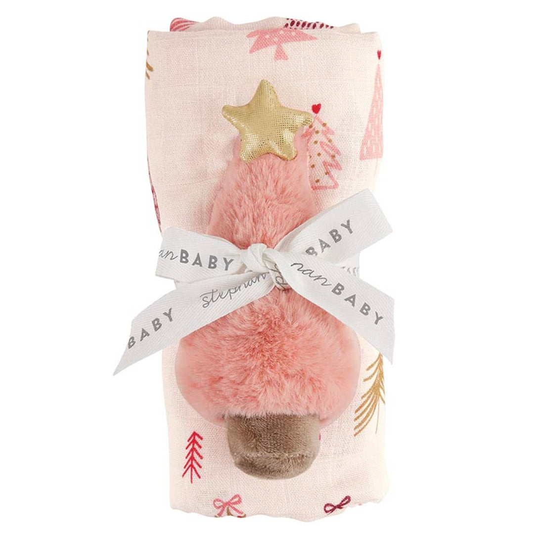 PINK TREE PLUSH RATTLE AND SWADDLE BLANKET SET Stephan Baby by Creative Brands Baby PINK TREE PLUSH RATTLE AND SWADDLE BLANKET SET Bonjour Fete - Party Supplies