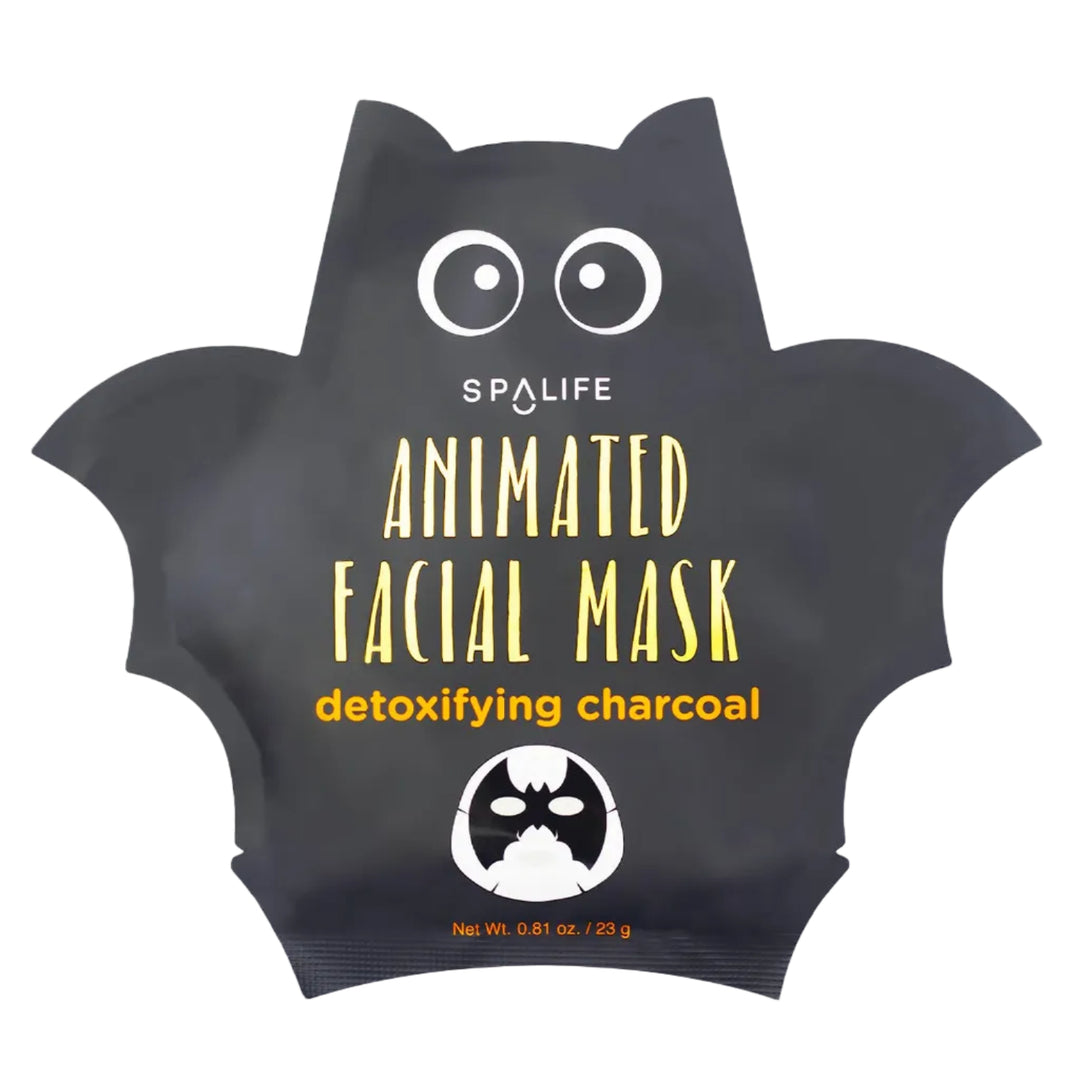 Bat shaped pouch for the animated charcoal facial mask with googly eyes, a detoxifying Halloween sheet mask