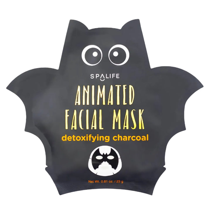 Bat shaped pouch for the animated charcoal facial mask with googly eyes, a detoxifying Halloween sheet mask