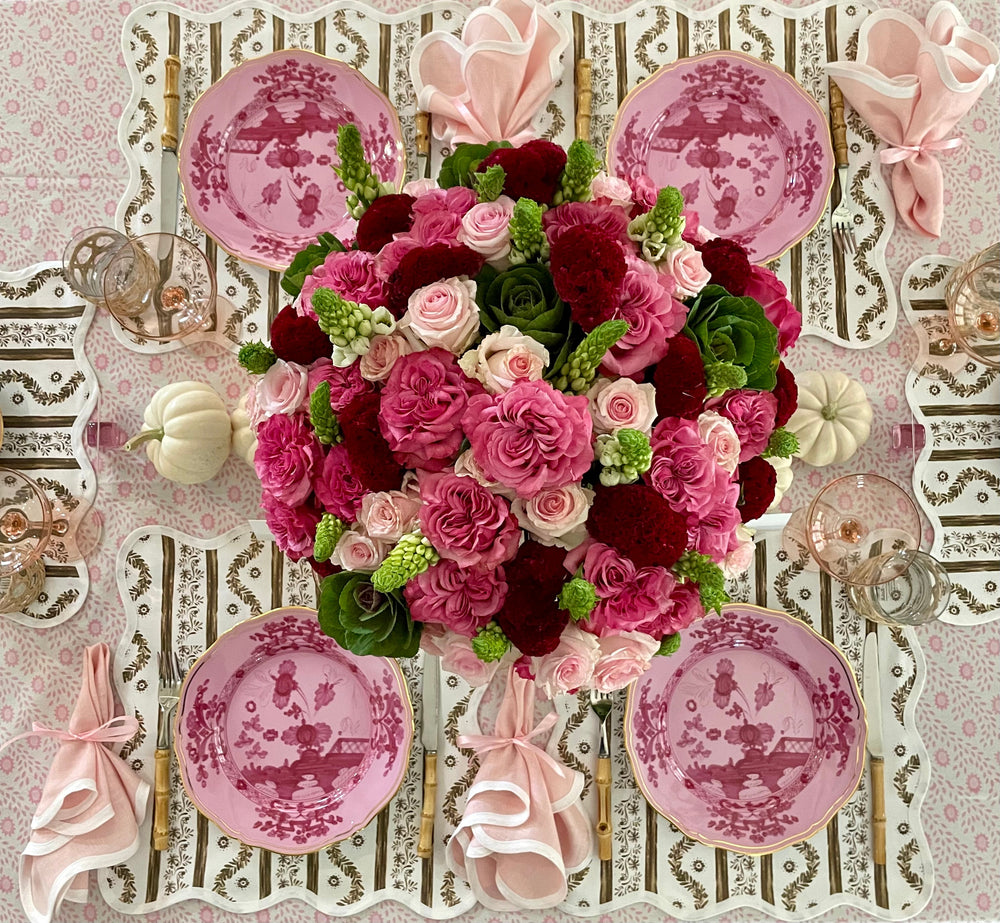 Boxwood Garden espresso square placemat with a scalloped edge