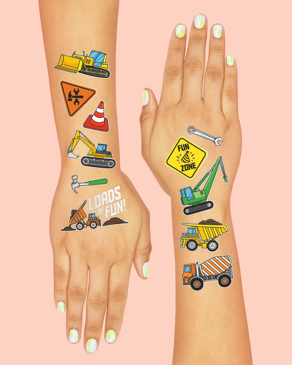 Construction truck tattoos applied to a hand and forearm, including a crane and a bulldozer