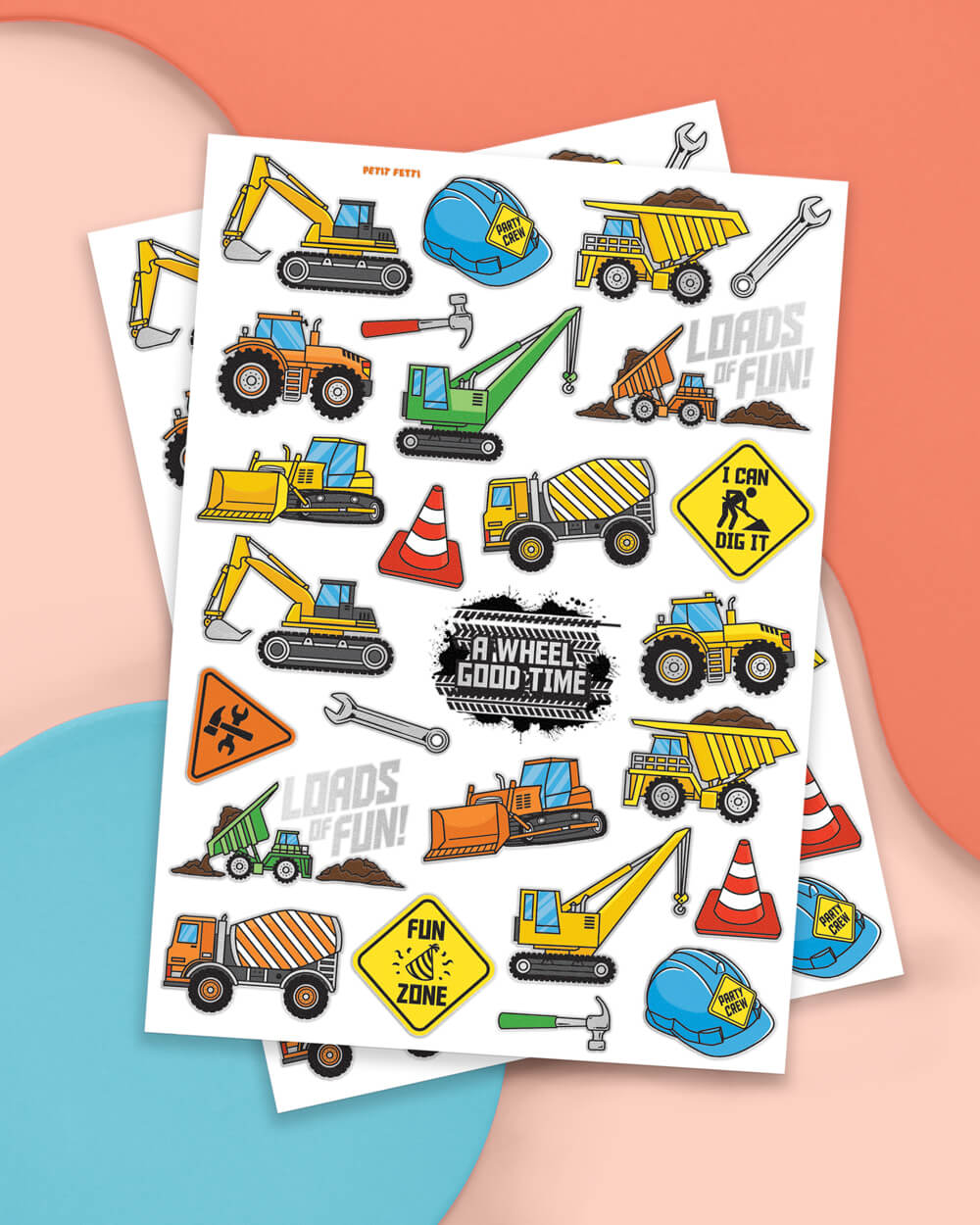 Two sheets of construction temporary tattoos with excavators, cement mixers, cones, and signs