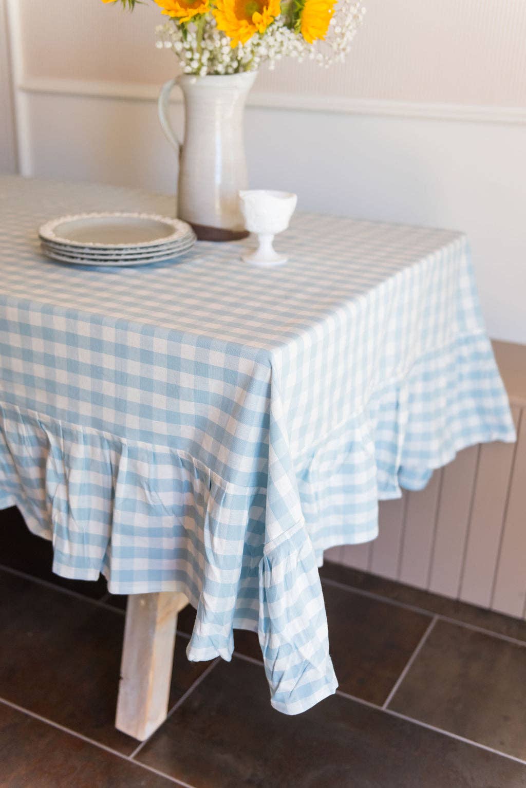 Blue Ruffled Gingham Tablecloth: 60" x 90" Galley and Fen Blue Ruffled Gingham Tablecloth: 60" x 90" Bonjour Fete - Party Supplies