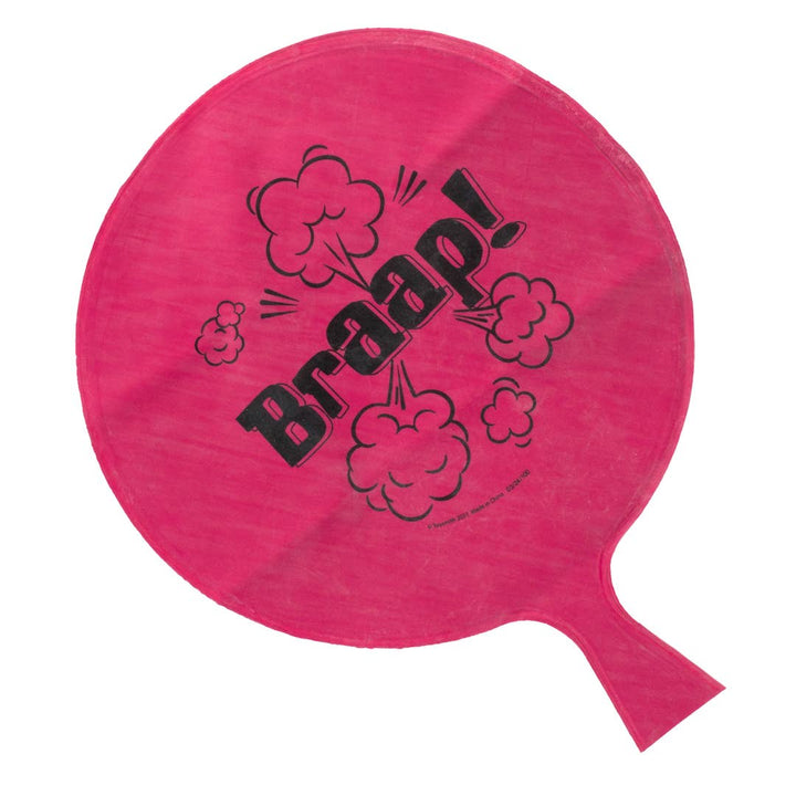 Pink latex whoopee cushion with black Braap lettering laid flat, ready to hide under any seat