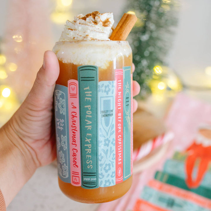 Holiday Books Glass Can Tumbler With Straw Bonjour Fete Party Supplies Christmas Holiday Kitchen & Entertaining