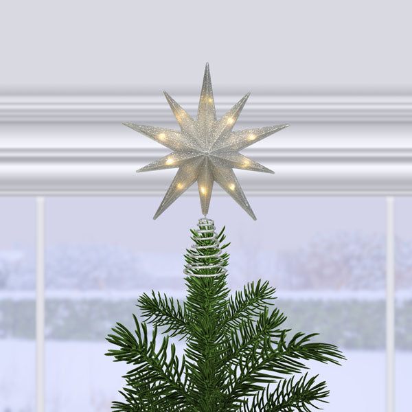 12" Lit Silver Glitter Star Tree Topper Old World Christmas 12 / 50030 12" Lit Silver Glitter Star Tree Topper Bonjour Fete - Party Supplies
