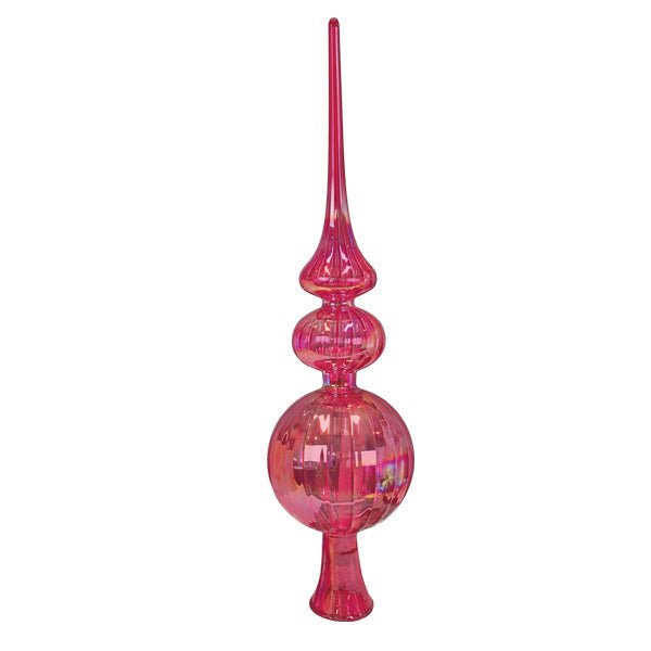 Pink iridescent glass finial tree topper with a tall spire and ribbed rounded tiers, on white